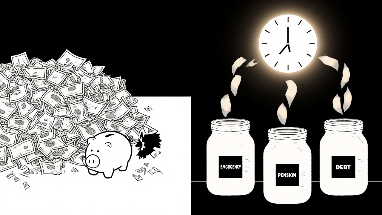 Scena divisa: caos di fatture a sinistra, trasferimenti automatici ordinati a destra in barre geometriche.