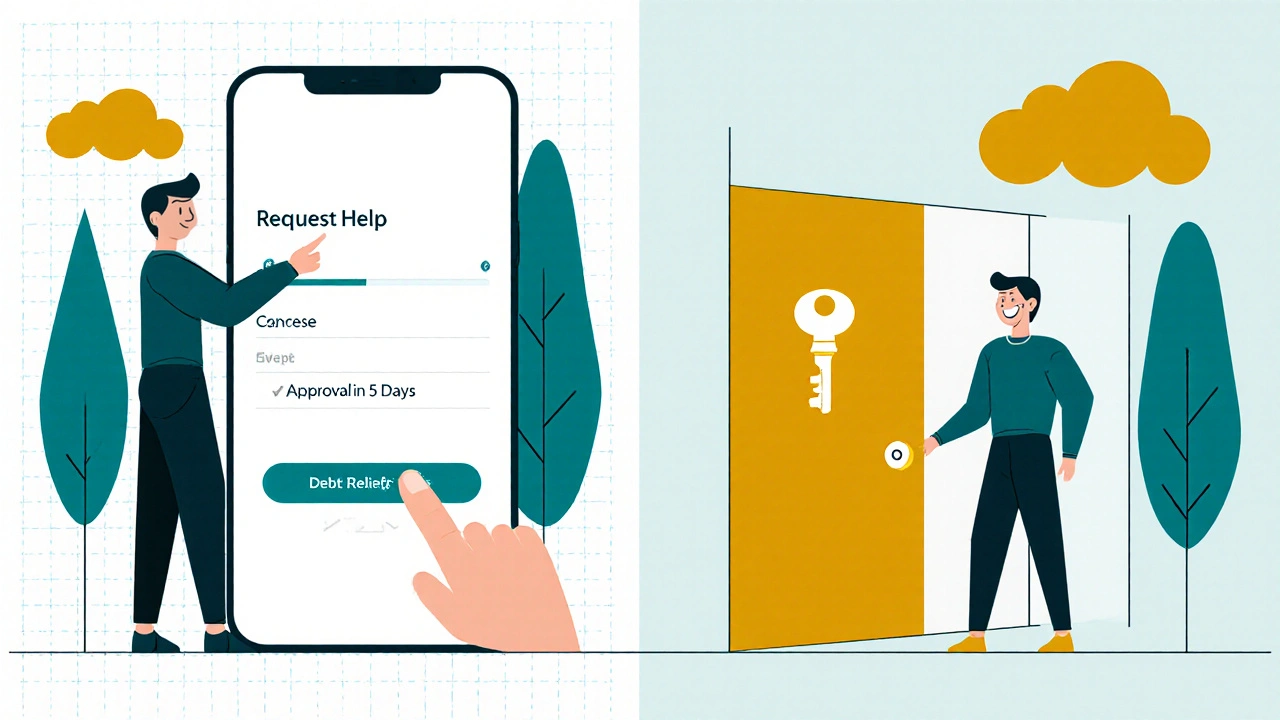 Scena divisa: persona che richiede aiuto su un&#039;app e poi sorride mentre una chiave apre la porta del sollievo dal debito.
