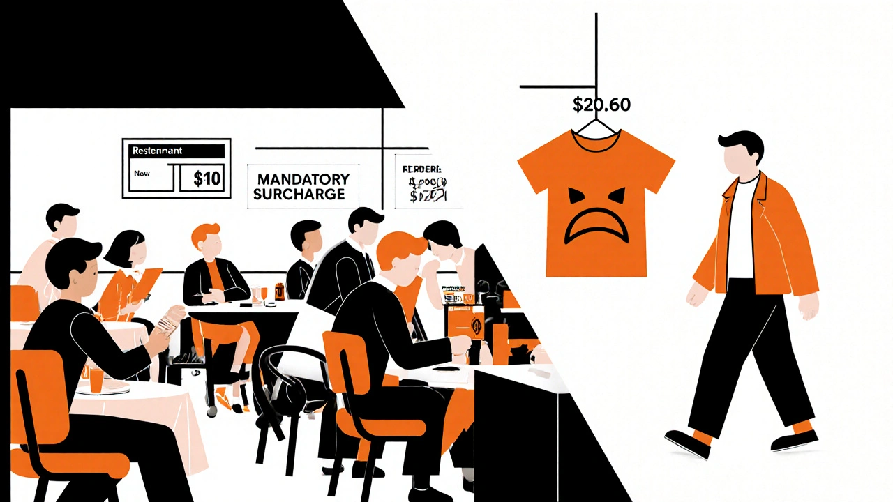 Scena divisa: ristorante con surcharge accettato e negozio con cliente che se ne va.