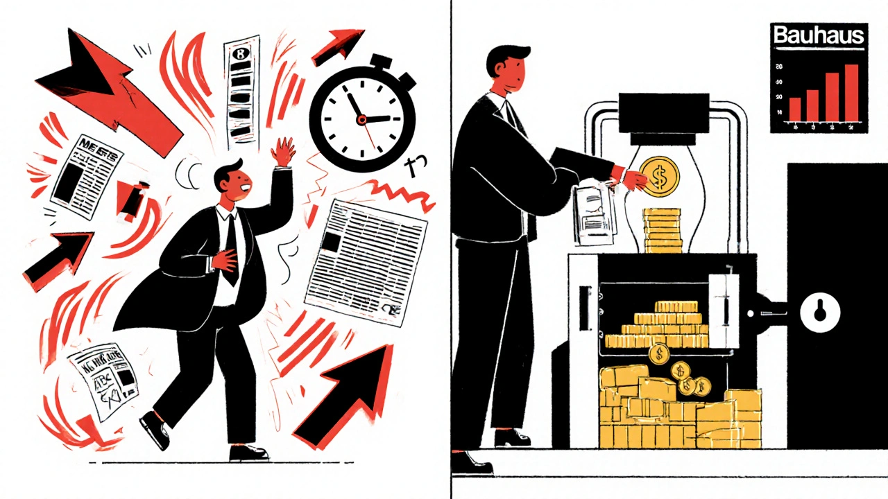 Scena divisa: trader agitato a sinistra vs investitore sereno con macchina degli interessi composti a destra.