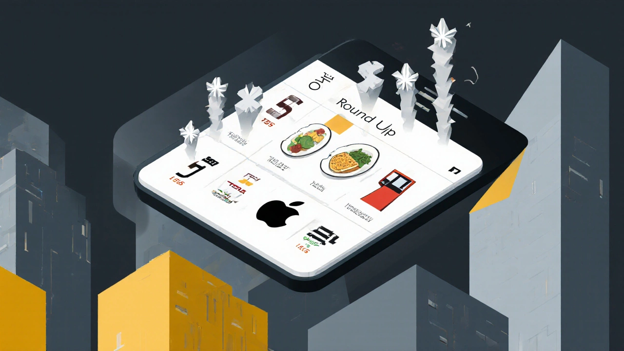 Schermo di smartphone con acquisti quotidiani che generano azioni frazionate in stile Bauhaus.