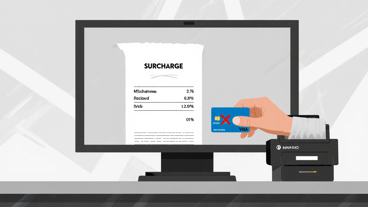 Scontrino con voce separata di surcharge e carta di debito rifiutata dal terminale.