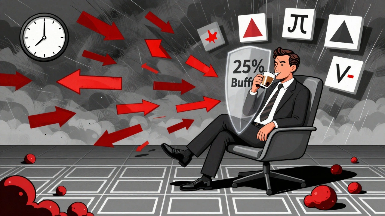 Trader tranquillo con uno scudo di riserva contro una tempesta di richieste di margine, simboli geometrici di delta e gamma fluttuano nell&#039;aria.