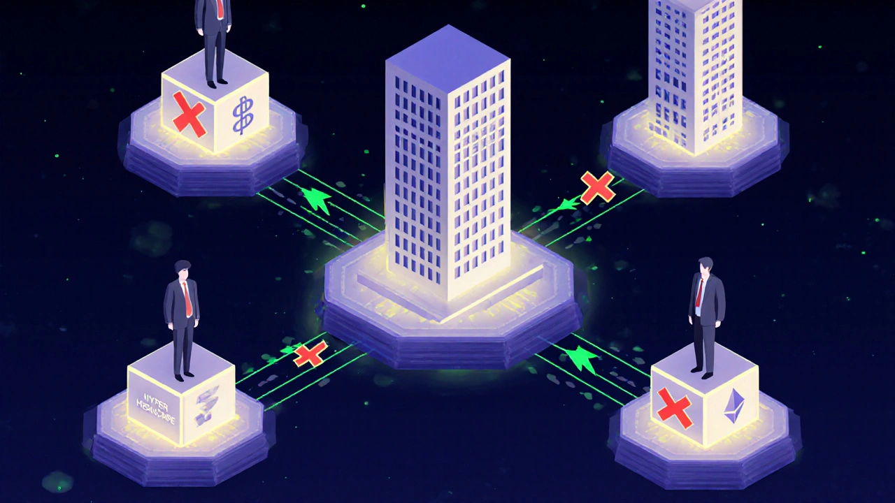 Tre edifici aziendali connessi da blocchi luminosi di tecnologie blockchain in stile Bauhaus.