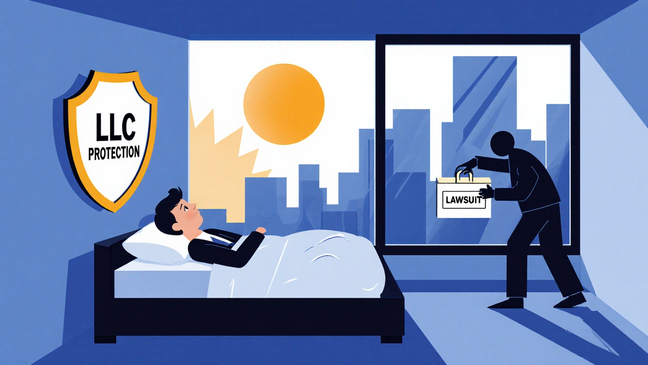 Un imprenditore che dorme tranquillo sotto uno scudo di protezione aziendale, mentre una minaccia non può raggiungerlo.