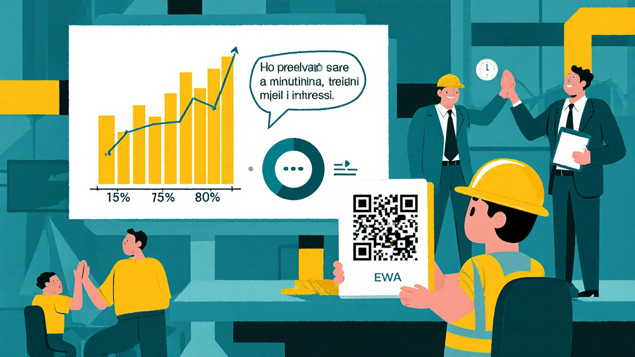 Un lavoratore a turni scansiona un QR code per attivare l&#039;EWA, mentre un grafico mostra l&#039;aumento dell&#039;adozione.