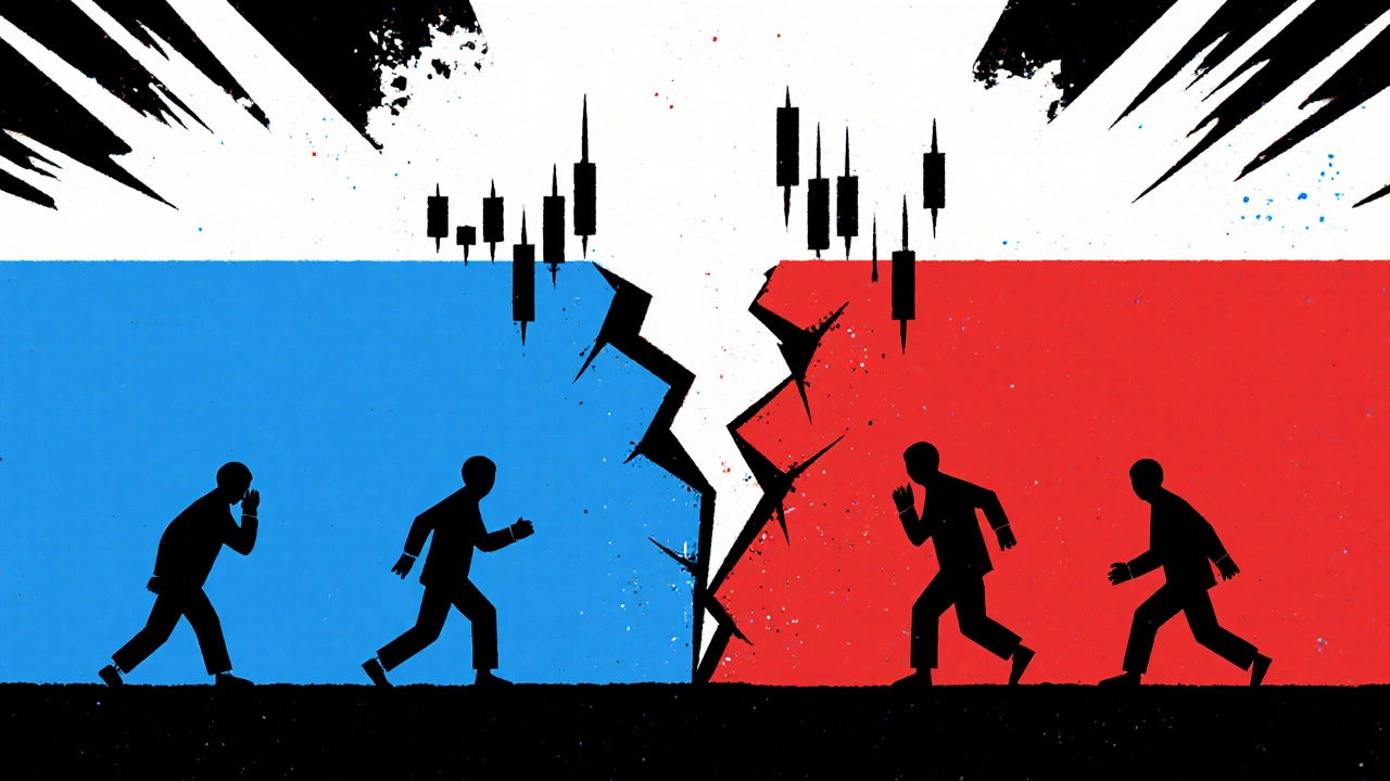 Un livello di supporto rotto che diventa resistenza, trader che cambiano direzione, forme geometriche rosse e blu su sfondo scuro.