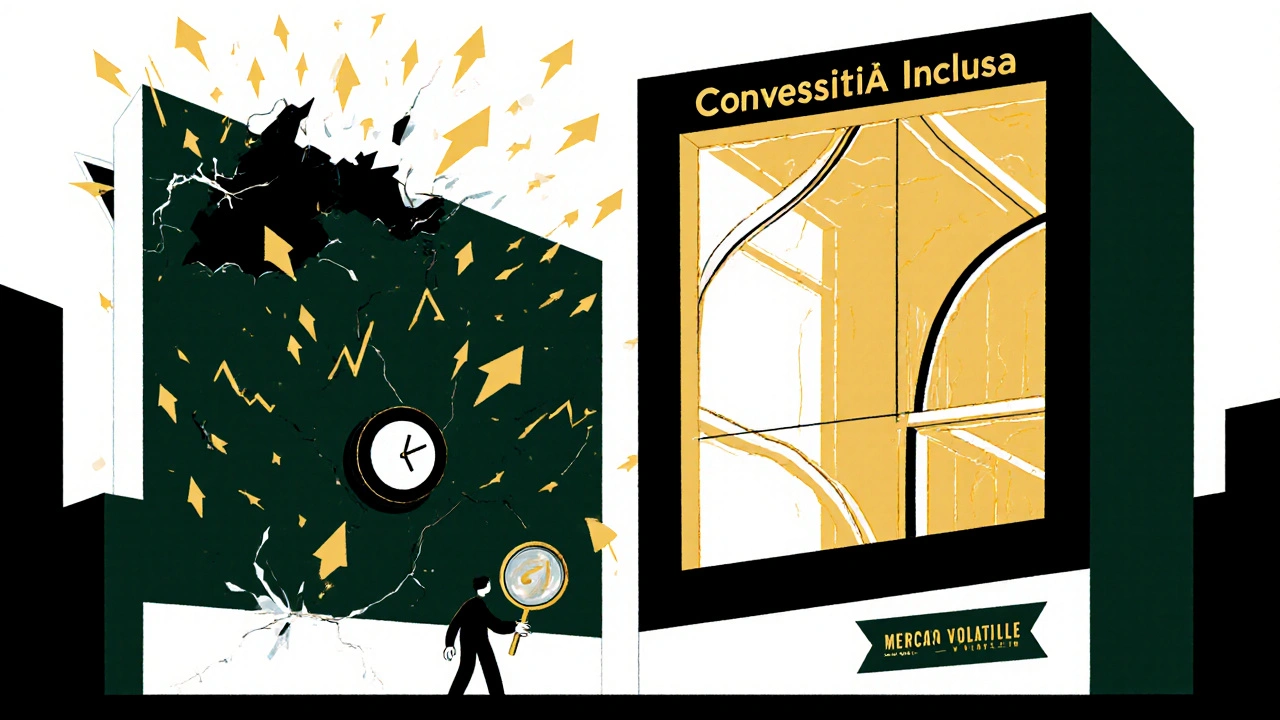 Un portafoglio come edificio: una ala crolla, l&#039;altra è rinforzata da travi curve e brilla di luce dorata.