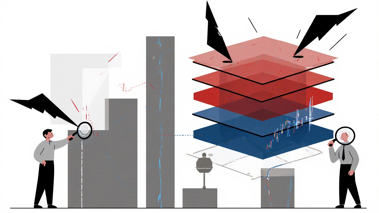 Vuoti di valore equo e prelievi di liquidità come spazi triangolari e picchi neri su un grafico astratto, figure minimali osservano.