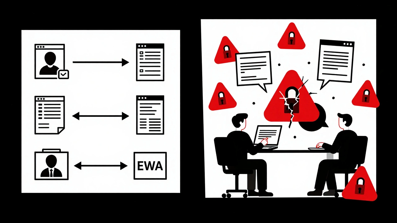 Confronto tra modello EWA sicuro e rischioso: ordine geometrico vs caos con link fraudolenti.