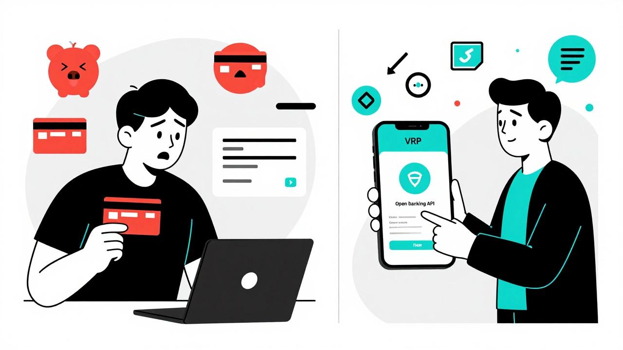 Contrasting e-commerce checkout: failed credit card vs seamless VRP payment with open banking icons.