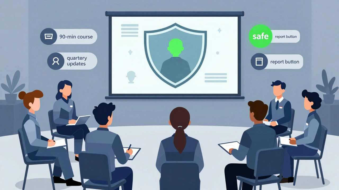 Dipendenti in formazione su phishing, con simulazione visiva proiettata su schermo geometrico.