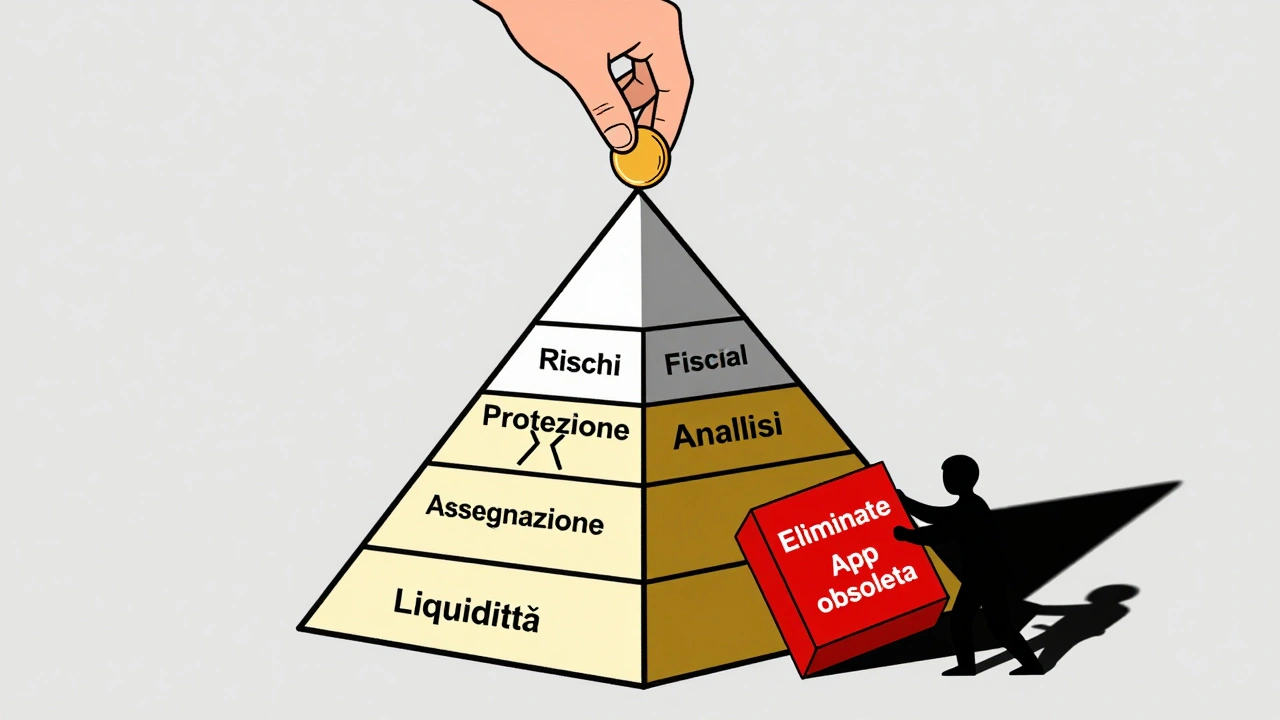 Piramide rovesciata con livelli di portafoglio e blocco eliminato in stile Bauhaus.