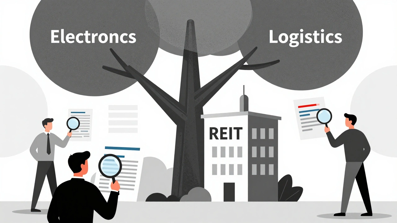 Un albero aziendale separato in due rami: elettronica e logistica, in stile Bauhaus.