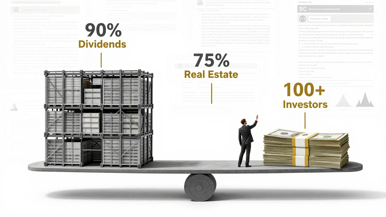 Una bilancia che pesa un magazzino contro contanti, con simboli normativi in stile Bauhaus.