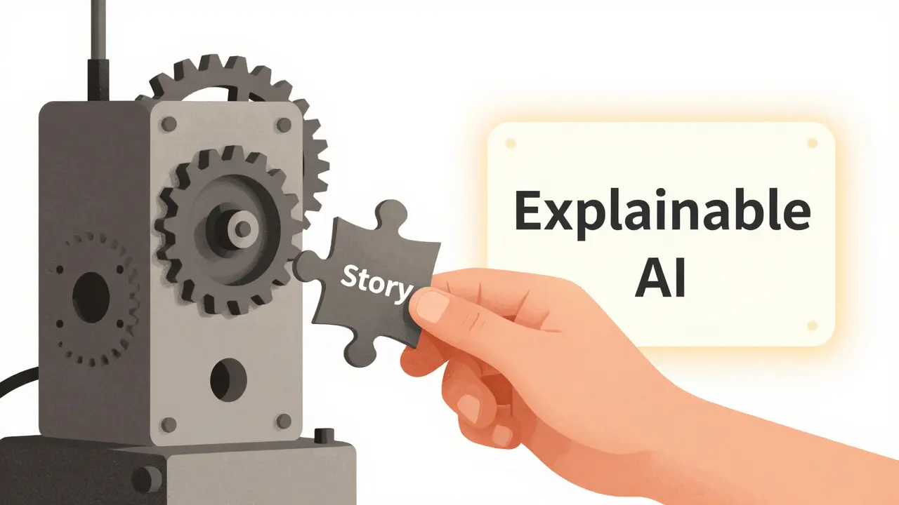 Una mano umana inserisce un pezzo 'Storia' in una macchina algoritmica, simbolo di collaborazione tra uomo e intelligenza artificiale.