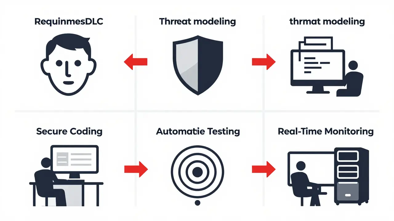 Cinque fasi del Secure SDLC rappresentate come pannelli geometrici minimalisti.