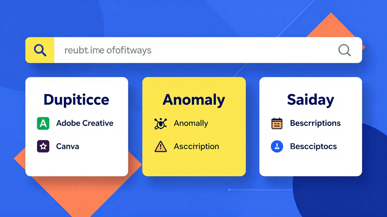 Dashboard geometrico con avvisi in tempo reale su abbonamenti duplicati e acquisti anomali.
