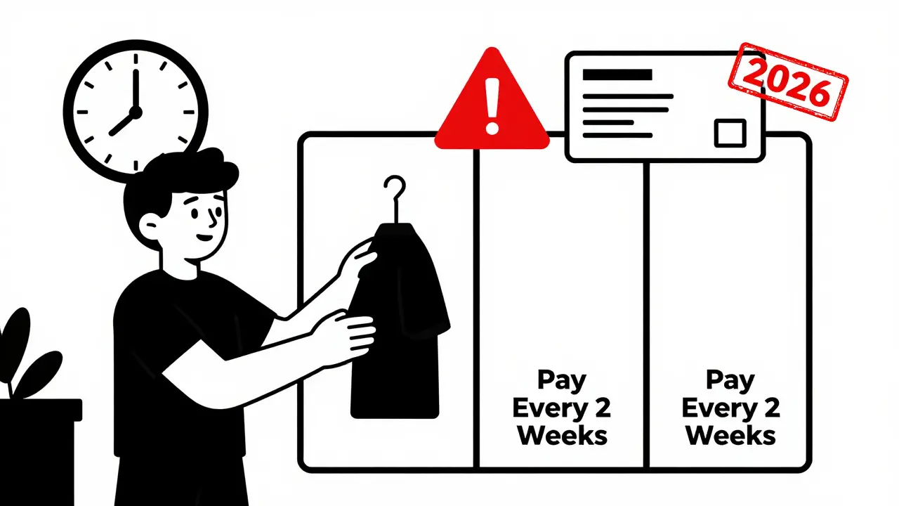 Un giovane acquista vestiti con Afterpay, mentre quattro rate rigide e un avviso di overdraft emergono in stile Bauhaus.